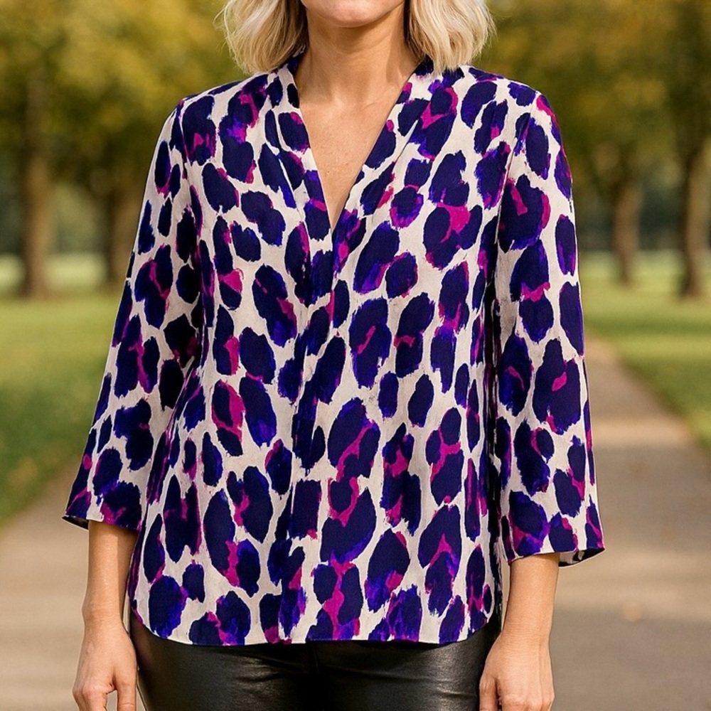 Jude‎ Connally Animal Print Cheetah Leopard V Neck Long Sleeve Tunic Top M